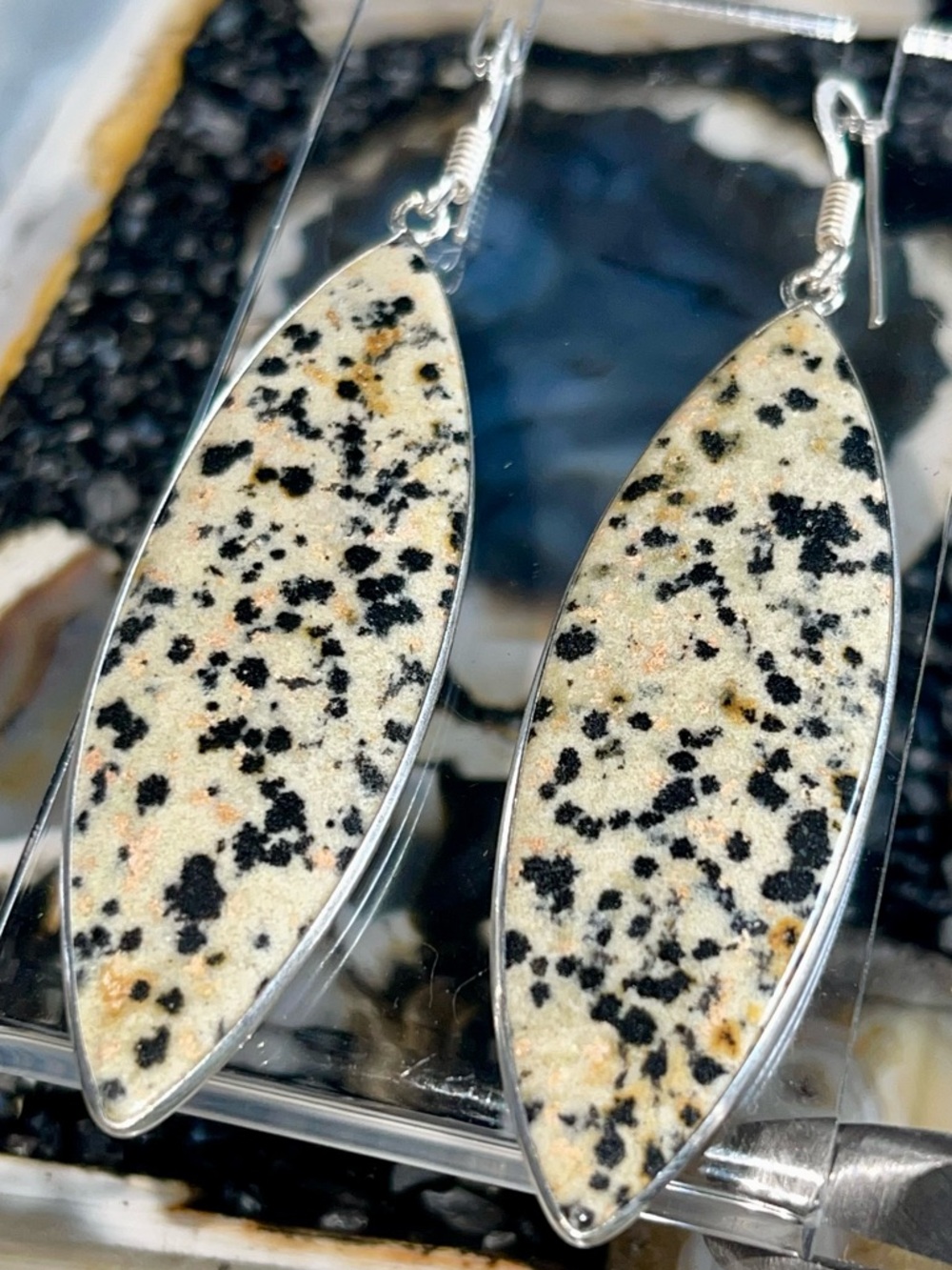 Large Dalmatian Jasper Crystal Earrings 3”